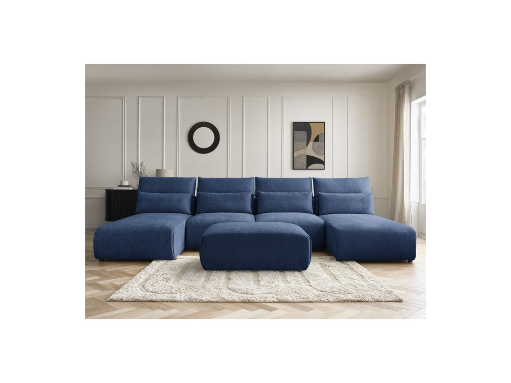 Jana - Canapé Panoramique Fixe Modulable Avec Têtières - Tissu Texturé Avec 2 Méridiennes, 2 Chauffeuses Et 1 Petit Pouf