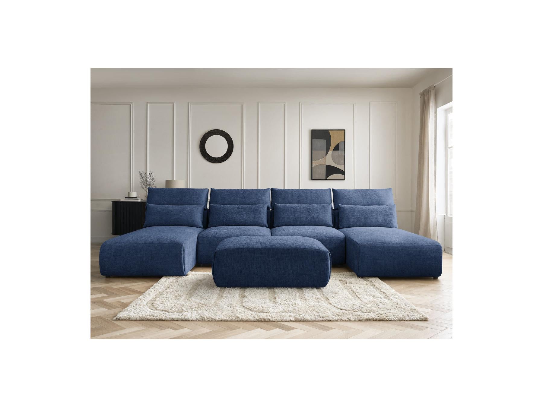 Jana - Canapé Panoramique Fixe Modulable Avec Têtières - Tissu Texturé Avec 2 Méridiennes, 2 Chauffeuses Et 1 Petit Pouf