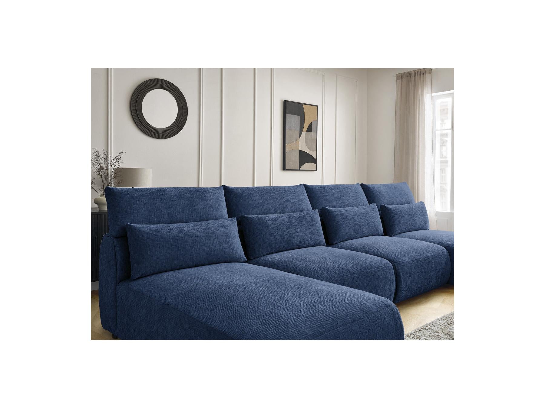 Jana - Canapé Panoramique Fixe Modulable Avec Têtières - Tissu Texturé Avec 2 Méridiennes, 2 Chauffeuses Et 1 Petit Pouf