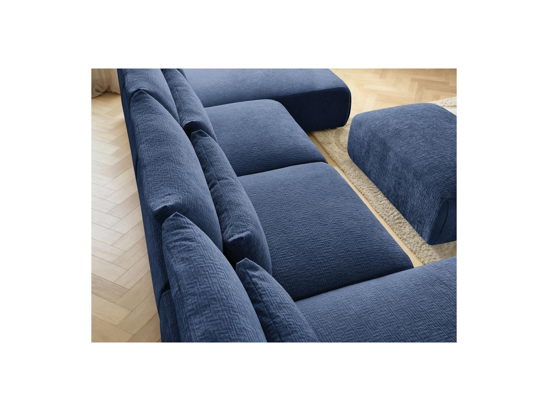 Jana - Canapé Panoramique Fixe Modulable Avec Têtières - Tissu Texturé Avec 2 Méridiennes, 2 Chauffeuses Et 1 Petit Pouf