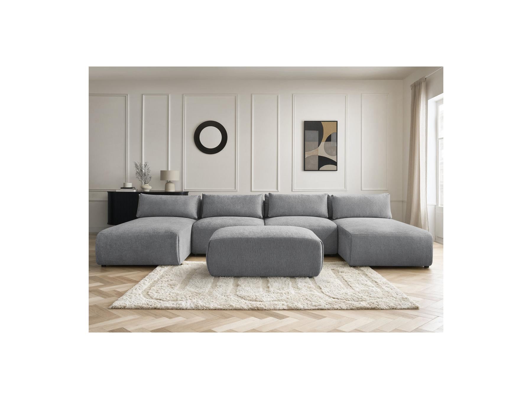 Jana - Canapé Panoramique Fixe Modulable Avec Têtières - Tissu Texturé Avec 2 Méridiennes, 2 Chauffeuses Et 1 Petit Pouf