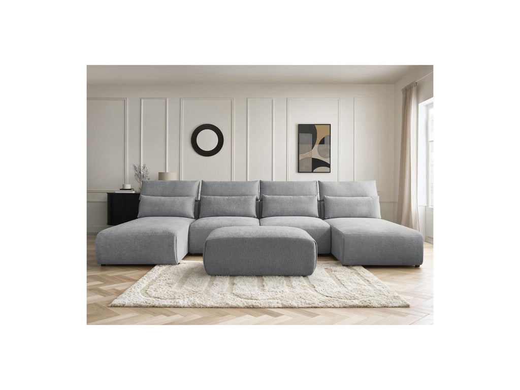 Jana - Canapé Panoramique Fixe Modulable Avec Têtières - Tissu Texturé Avec 2 Méridiennes, 2 Chauffeuses Et 1 Petit Pouf