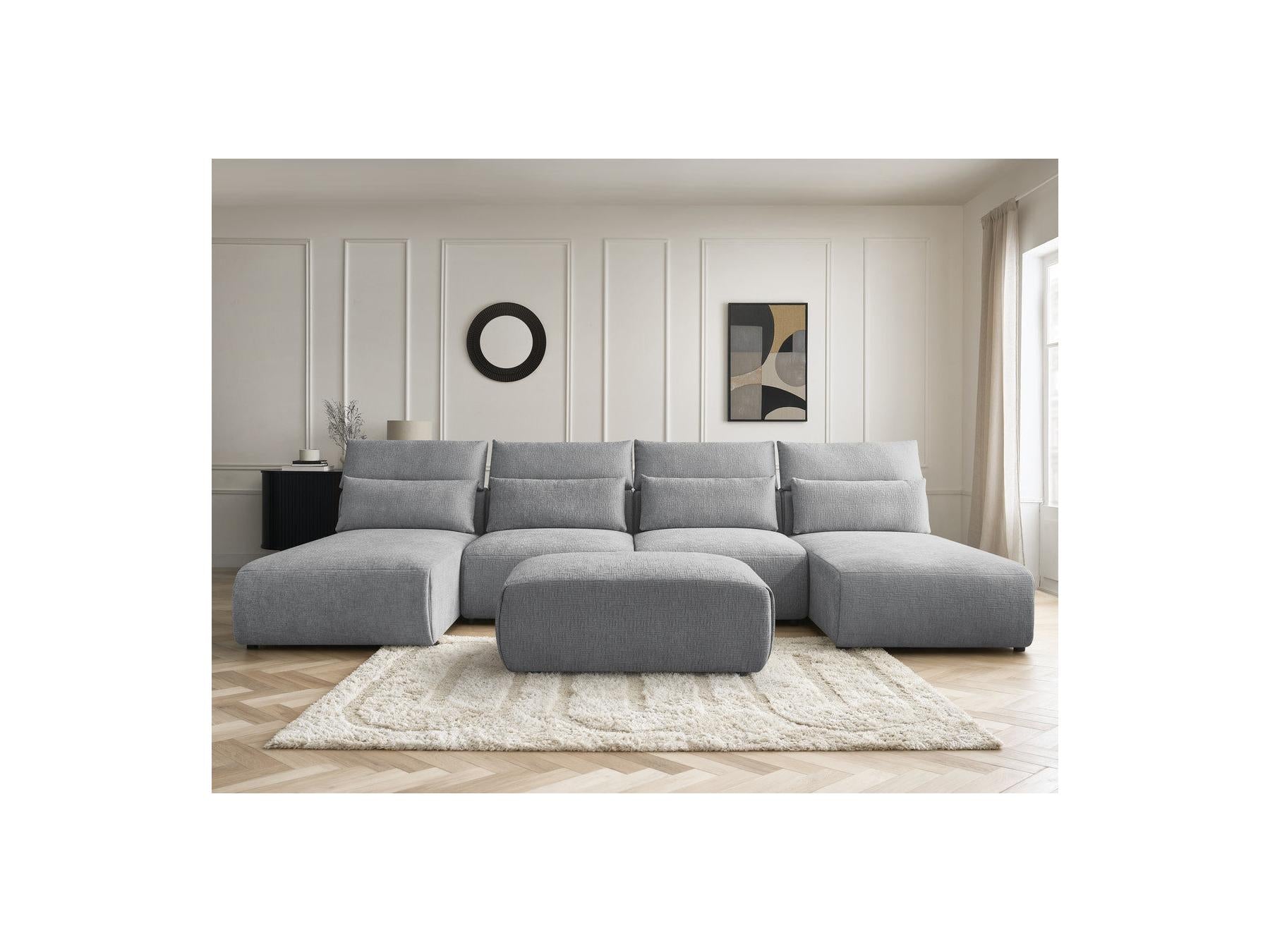 Jana - Canapé Panoramique Fixe Modulable Avec Têtières - Tissu Texturé Avec 2 Méridiennes, 2 Chauffeuses Et 1 Petit Pouf