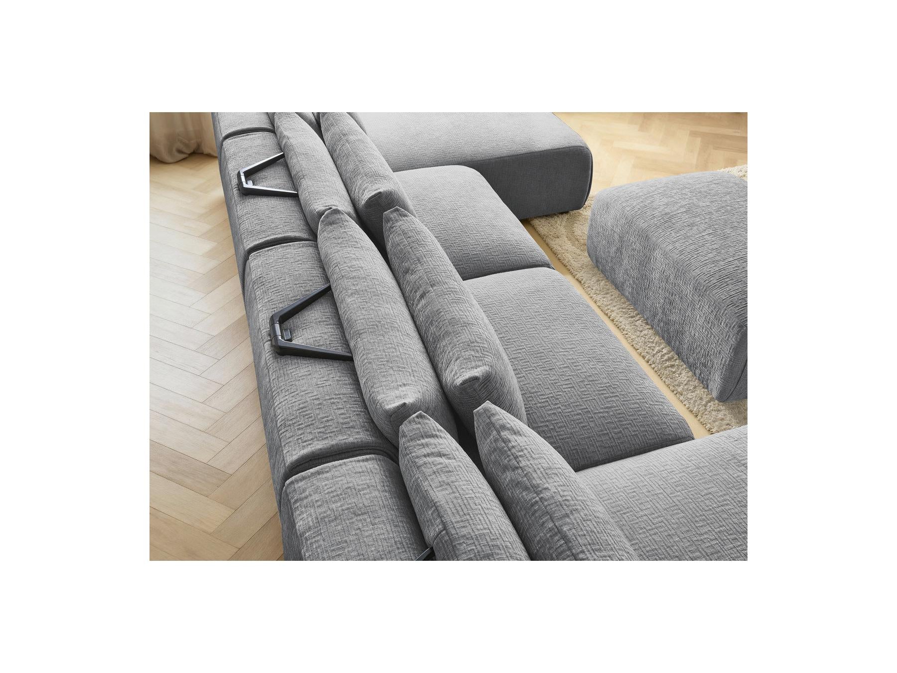 Jana - Canapé Panoramique Fixe Modulable Avec Têtières - Tissu Texturé Avec 2 Méridiennes, 2 Chauffeuses Et 1 Petit Pouf