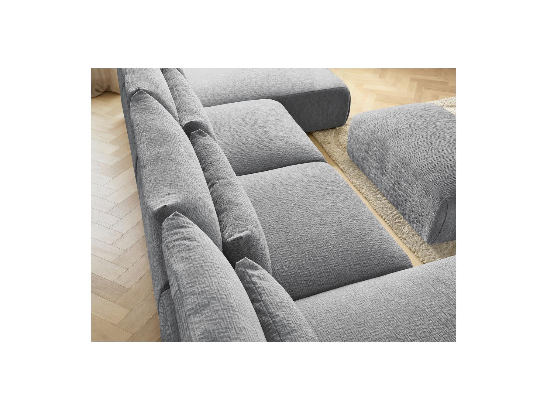 Jana - Canapé Panoramique Fixe Modulable Avec Têtières - Tissu Texturé Avec 2 Méridiennes, 2 Chauffeuses Et 1 Petit Pouf