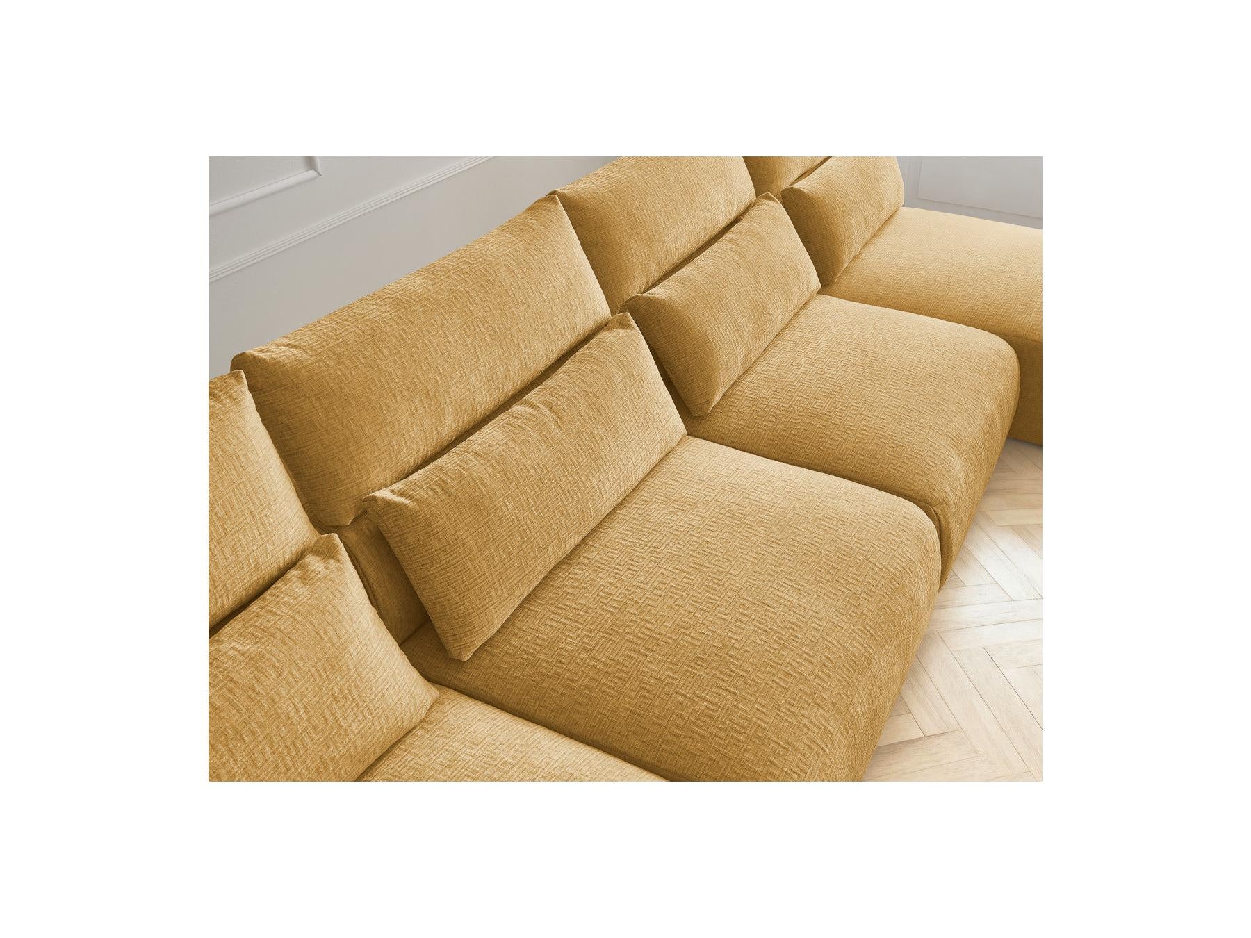 Jana - Canapé Panoramique Fixe Modulable Avec Têtières - Tissu Texturé Avec 2 Méridiennes, 2 Chauffeuses Et 1 Petit Pouf