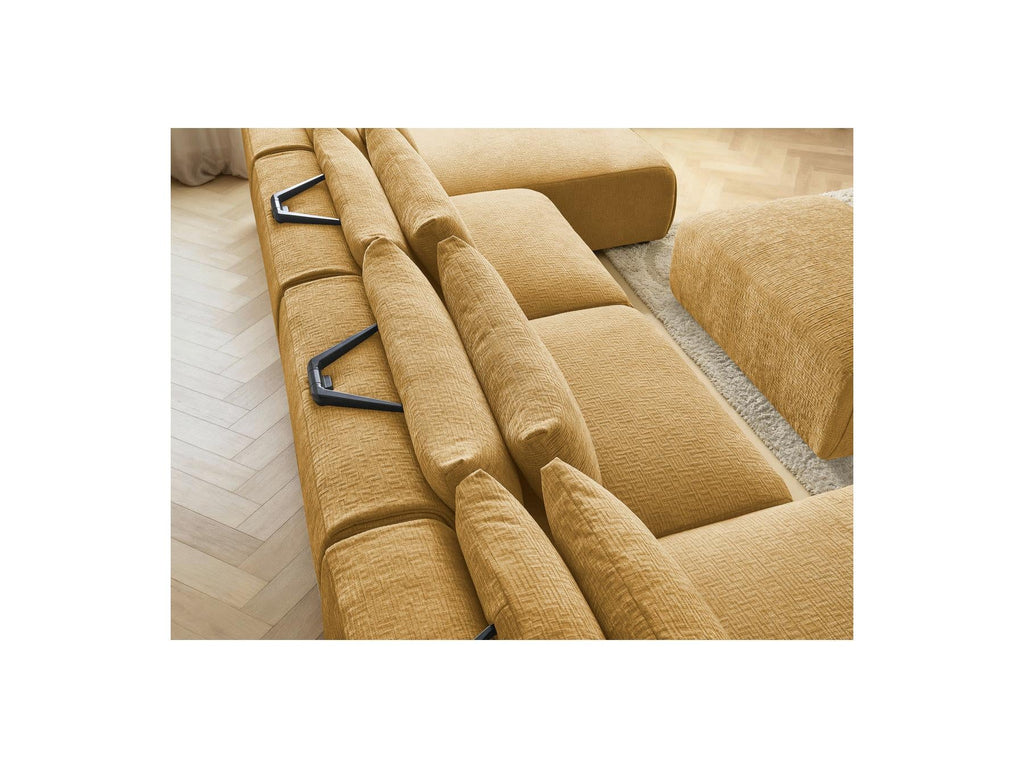 Jana - Canapé Panoramique Fixe Modulable Avec Têtières - Tissu Texturé Avec 2 Méridiennes, 2 Chauffeuses Et 1 Petit Pouf