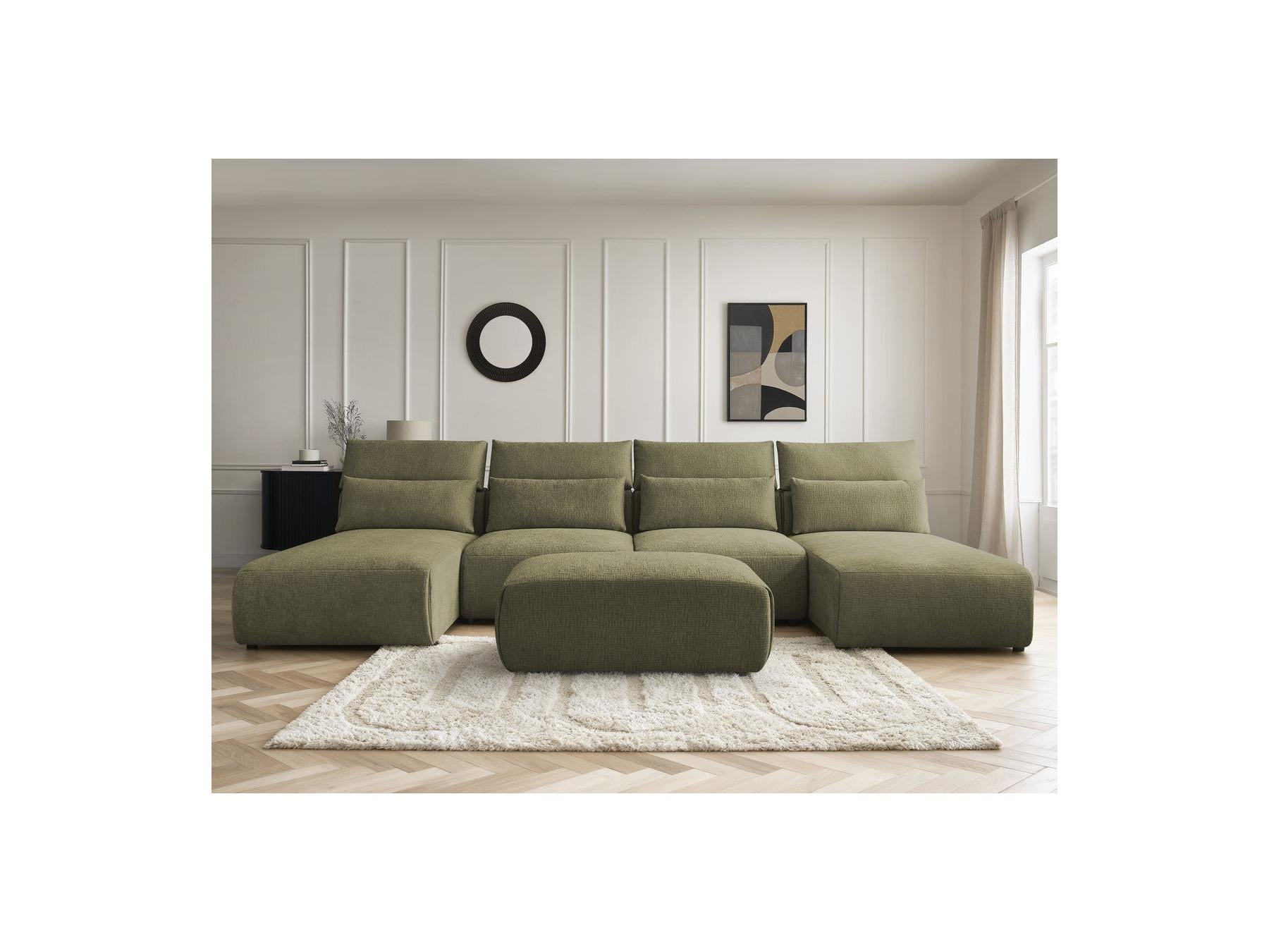 Jana - Canapé Panoramique Fixe Modulable Avec Têtières - Tissu Texturé Avec 2 Méridiennes, 2 Chauffeuses Et 1 Petit Pouf