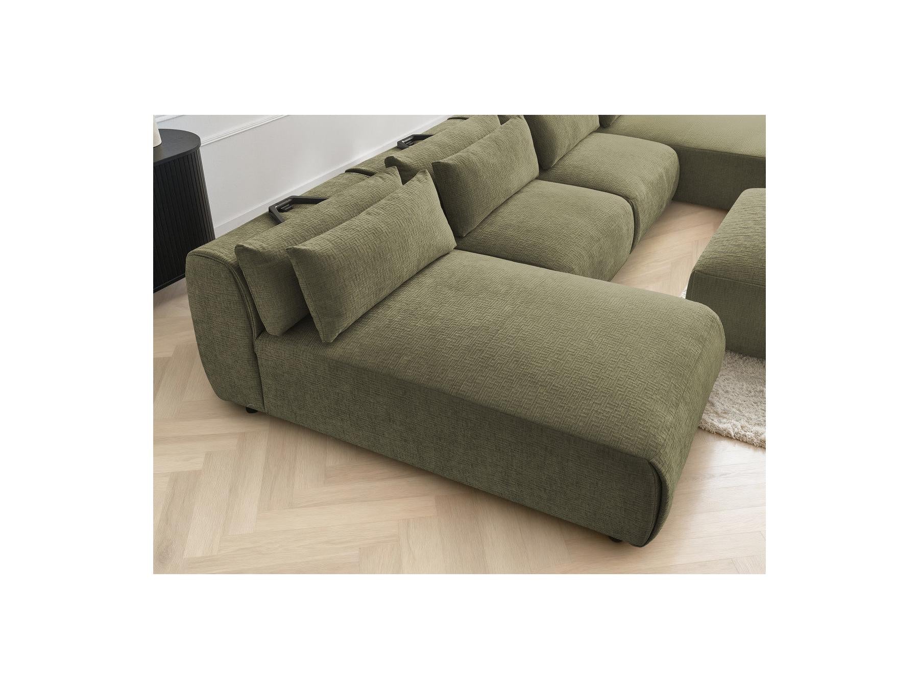 Jana - Canapé Panoramique Fixe Modulable Avec Têtières - Tissu Texturé Avec 2 Méridiennes, 2 Chauffeuses Et 1 Petit Pouf