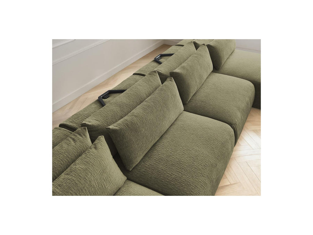 Jana - Canapé Panoramique Fixe Modulable Avec Têtières - Tissu Texturé Avec 2 Méridiennes, 2 Chauffeuses Et 1 Petit Pouf