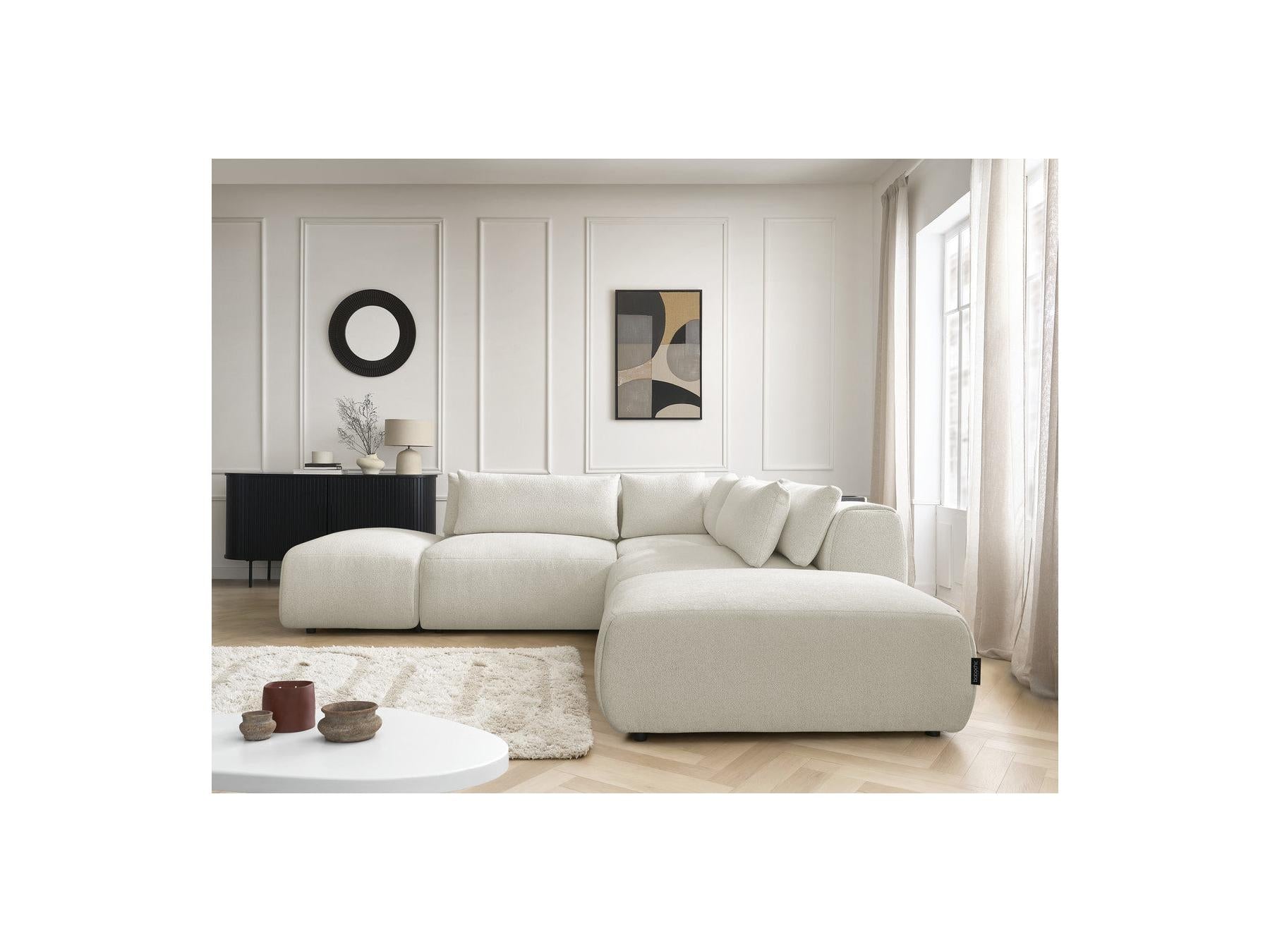 Jana - Canapé D'Angle Fixe Modulable Avec Têtières - Tissu Chiné Avec 2 Chauffeuses, 1 Angle Et 2 Poufs - Réversible