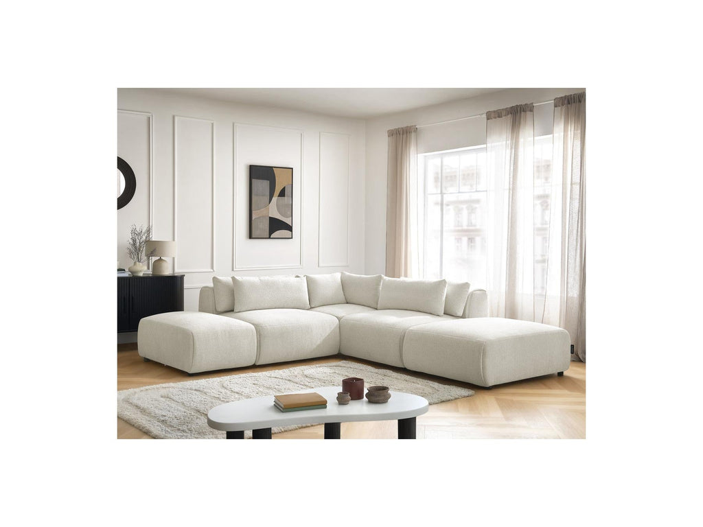 Jana - Canapé D'Angle Fixe Modulable Avec Têtières - Tissu Chiné Avec 2 Chauffeuses, 1 Angle Et 2 Poufs - Réversible