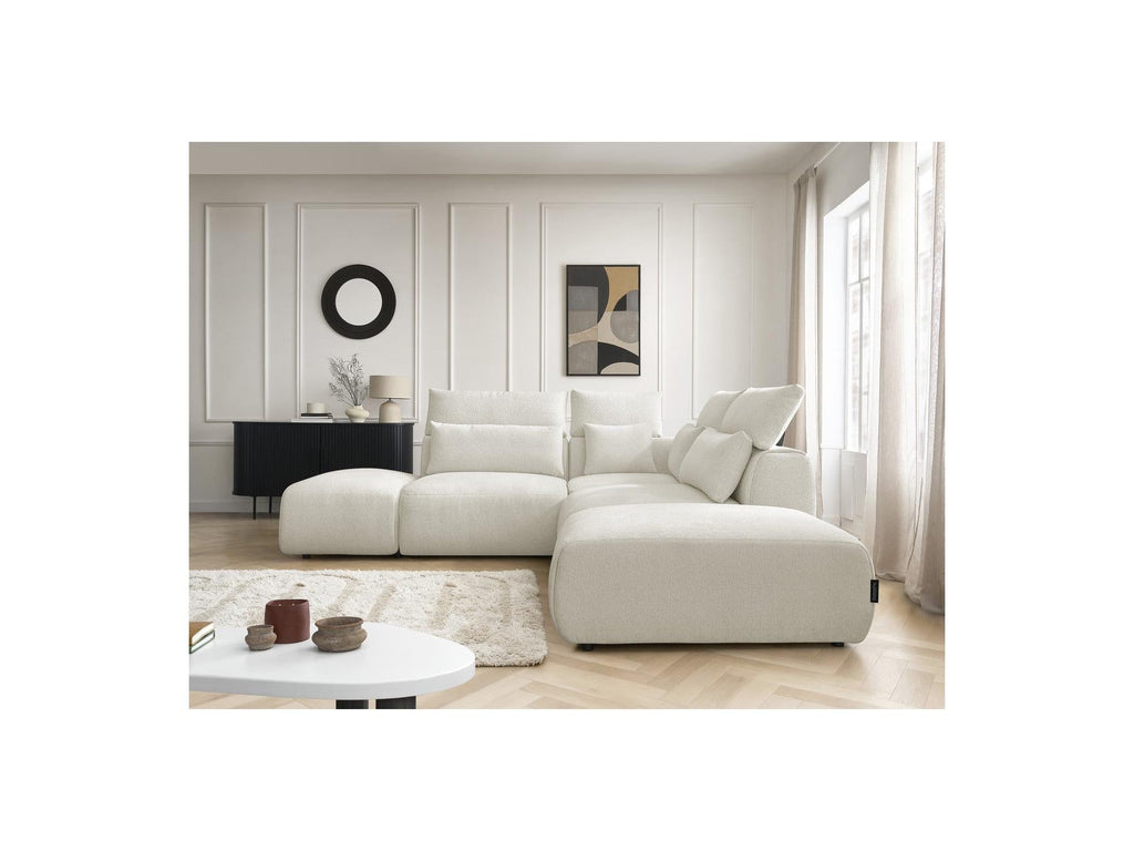 Jana - Canapé D'Angle Fixe Modulable Avec Têtières - Tissu Chiné Avec 2 Chauffeuses, 1 Angle Et 2 Poufs - Réversible