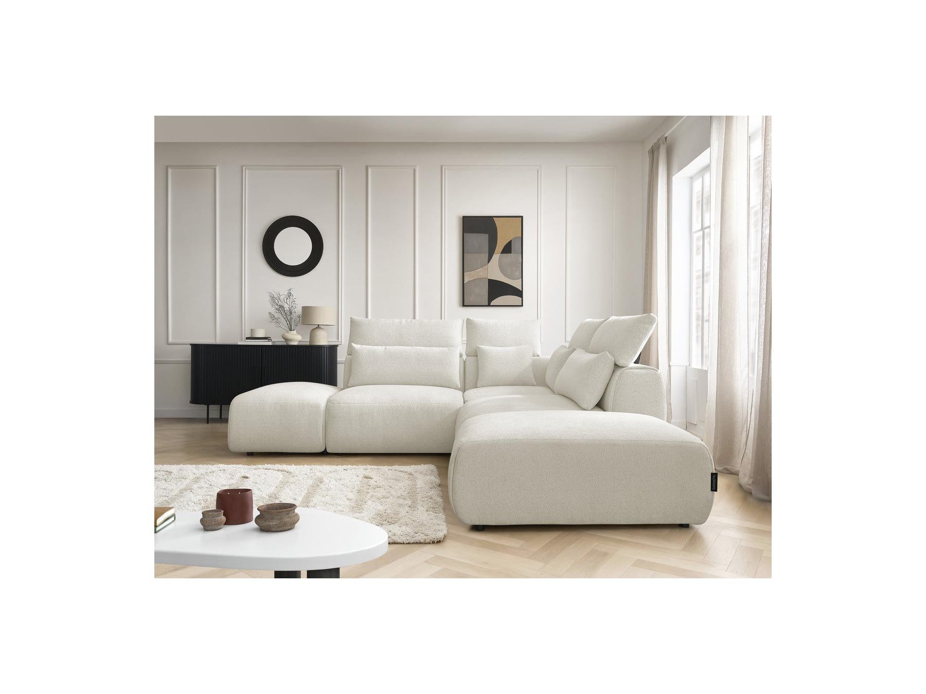 Jana - Canapé D'Angle Fixe Modulable Avec Têtières - Tissu Chiné Avec 2 Chauffeuses, 1 Angle Et 2 Poufs - Réversible
