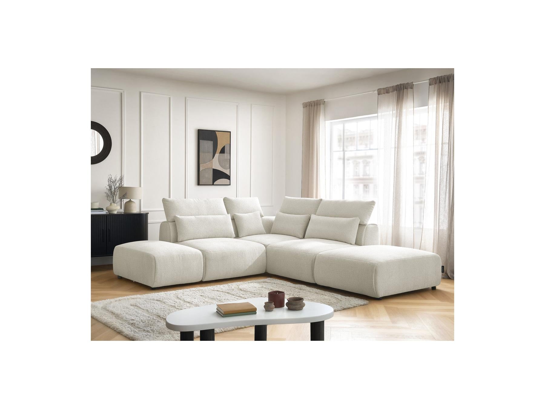 Jana - Canapé D'Angle Fixe Modulable Avec Têtières - Tissu Chiné Avec 2 Chauffeuses, 1 Angle Et 2 Poufs - Réversible