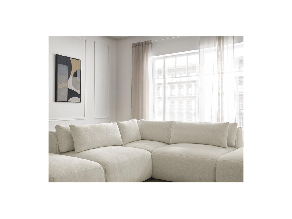 Jana - Canapé D'Angle Fixe Modulable Avec Têtières - Tissu Chiné Avec 2 Chauffeuses, 1 Angle Et 2 Poufs - Réversible