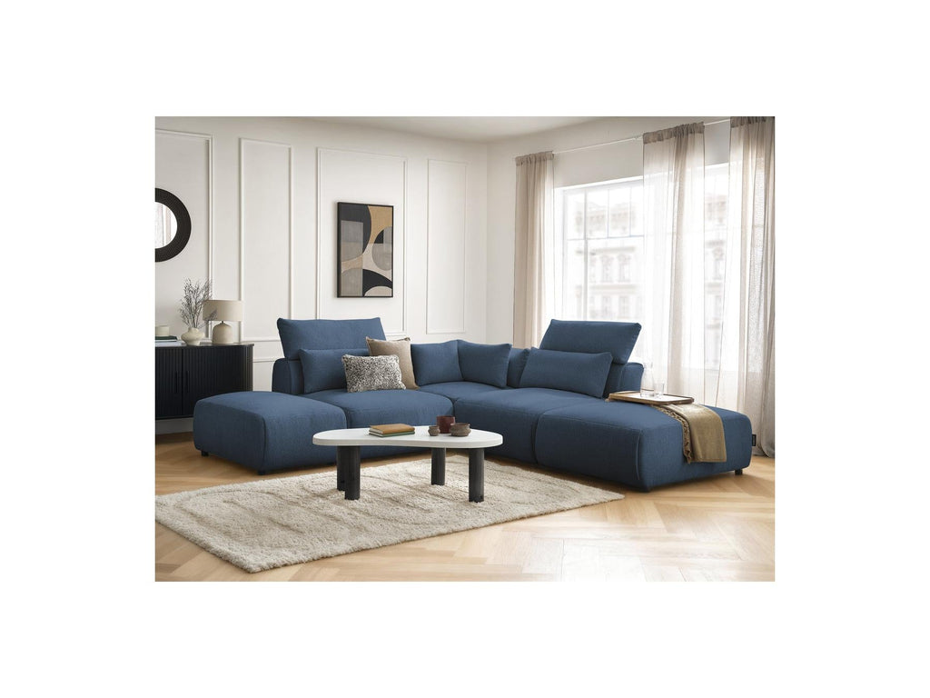 Jana - Canapé D'Angle Fixe Modulable Avec Têtières - Tissu Chiné Avec 2 Chauffeuses, 1 Angle Et 2 Poufs - Réversible