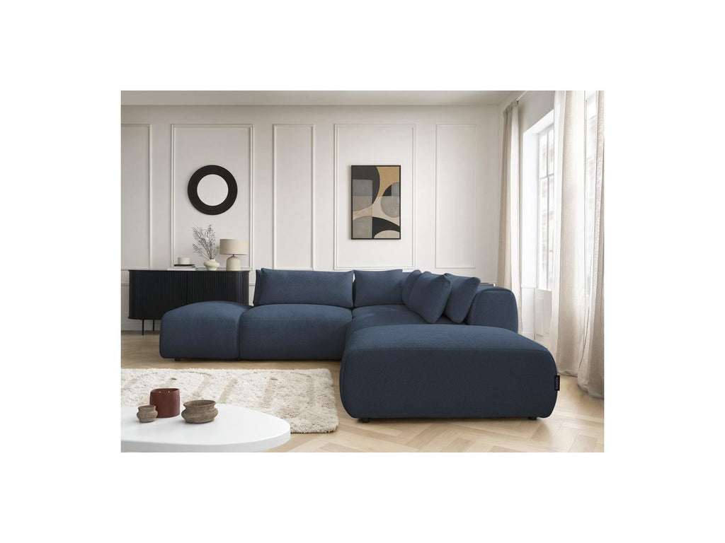 Jana - Canapé D'Angle Fixe Modulable Avec Têtières - Tissu Chiné Avec 2 Chauffeuses, 1 Angle Et 2 Poufs - Réversible