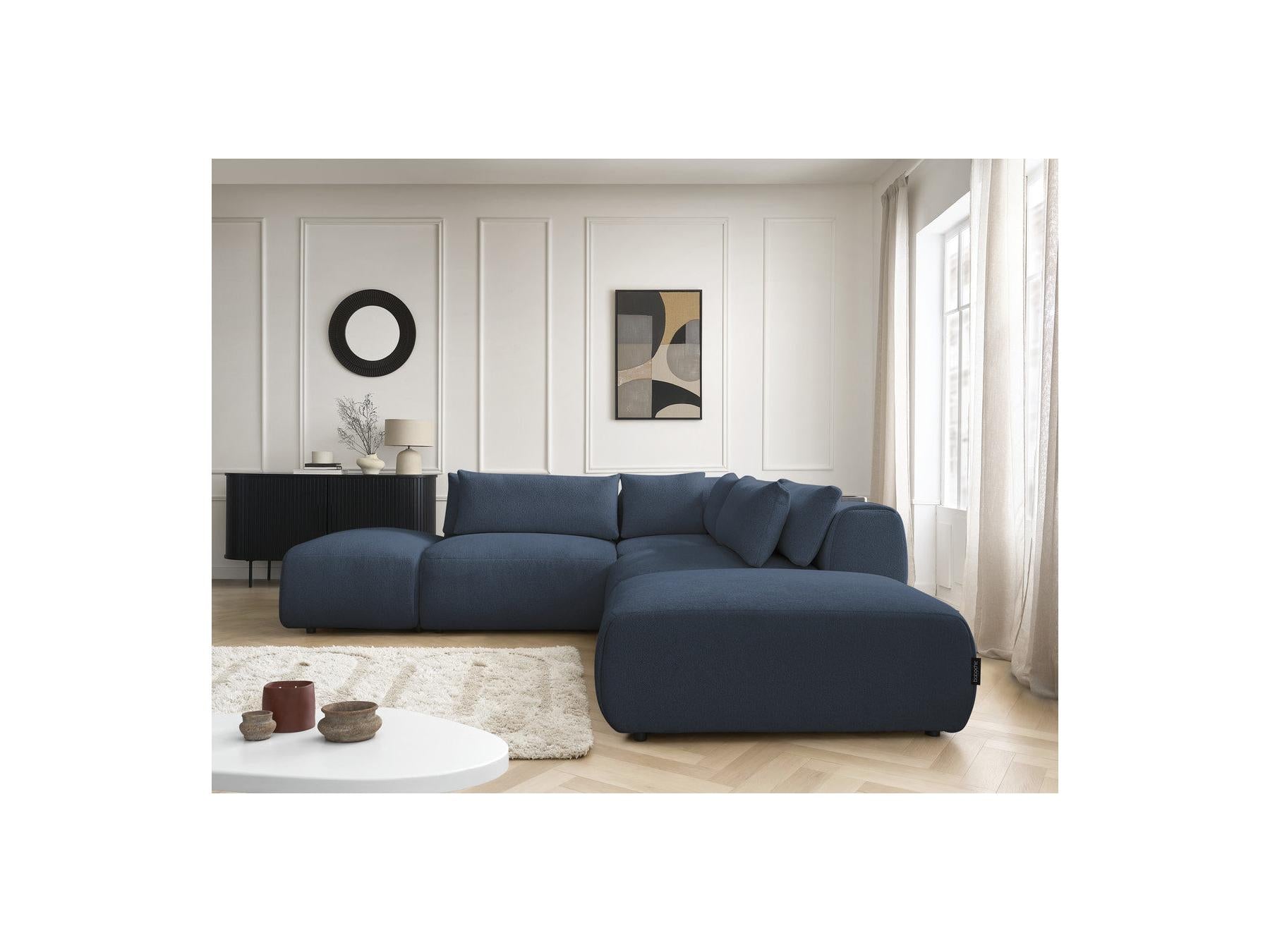 Jana - Canapé D'Angle Fixe Modulable Avec Têtières - Tissu Chiné Avec 2 Chauffeuses, 1 Angle Et 2 Poufs - Réversible
