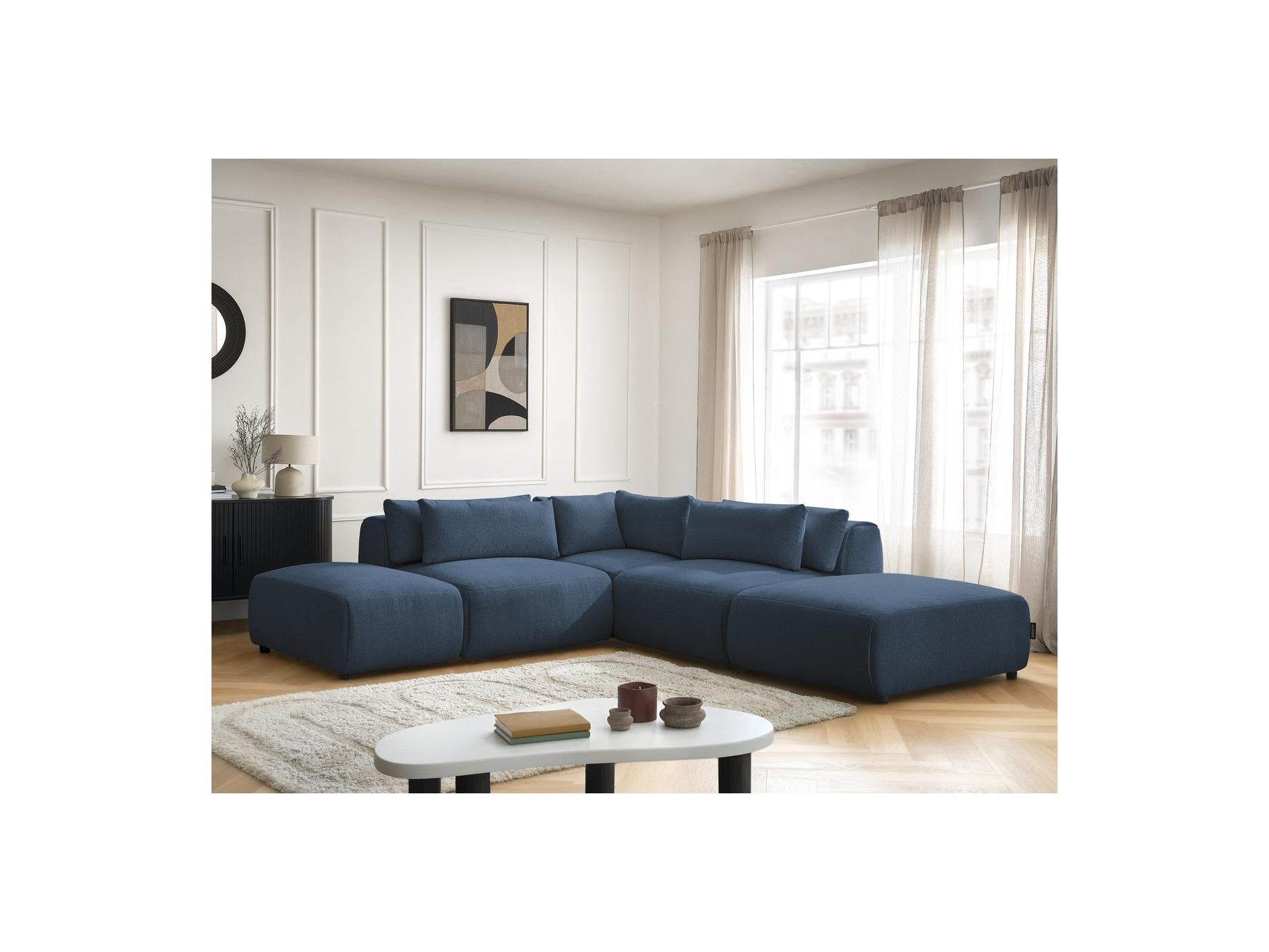 Jana - Canapé D'Angle Fixe Modulable Avec Têtières - Tissu Chiné Avec 2 Chauffeuses, 1 Angle Et 2 Poufs - Réversible