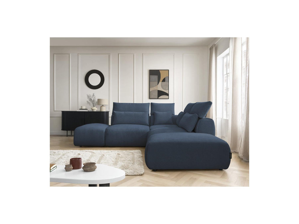 Jana - Canapé D'Angle Fixe Modulable Avec Têtières - Tissu Chiné Avec 2 Chauffeuses, 1 Angle Et 2 Poufs - Réversible