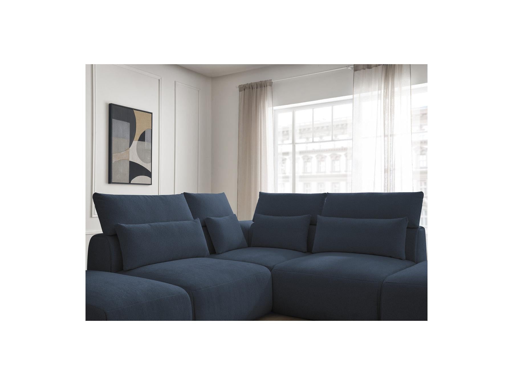 Jana - Canapé D'Angle Fixe Modulable Avec Têtières - Tissu Chiné Avec 2 Chauffeuses, 1 Angle Et 2 Poufs - Réversible