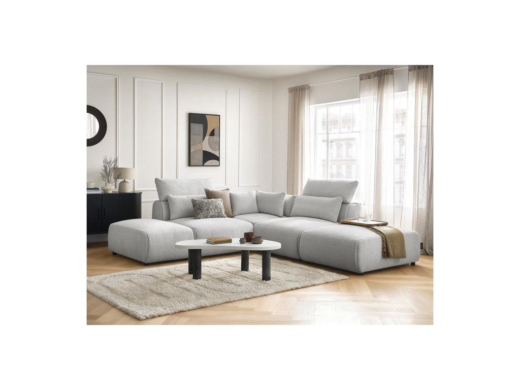 Jana - Canapé D'Angle Fixe Modulable Avec Têtières - Tissu Chiné Avec 2 Chauffeuses, 1 Angle Et 2 Poufs - Réversible
