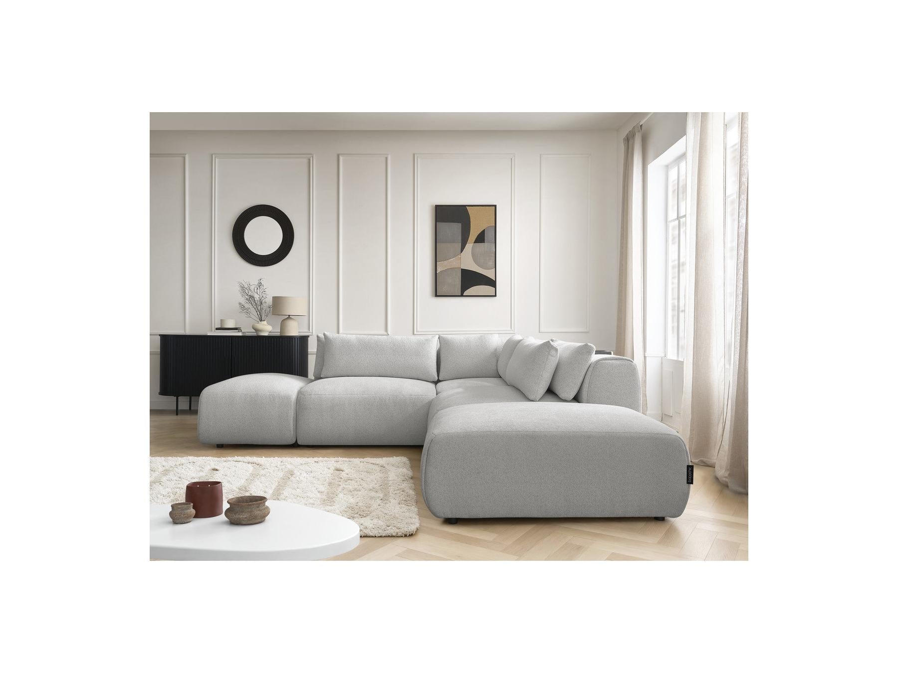 Jana - Canapé D'Angle Fixe Modulable Avec Têtières - Tissu Chiné Avec 2 Chauffeuses, 1 Angle Et 2 Poufs - Réversible