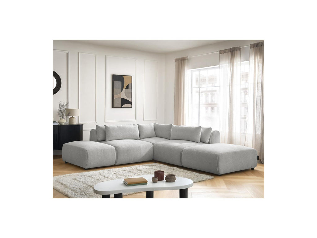 Jana - Canapé D'Angle Fixe Modulable Avec Têtières - Tissu Chiné Avec 2 Chauffeuses, 1 Angle Et 2 Poufs - Réversible