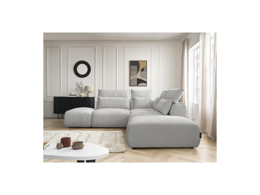 Jana - Canapé D'Angle Fixe Modulable Avec Têtières - Tissu Chiné Avec 2 Chauffeuses, 1 Angle Et 2 Poufs - Réversible