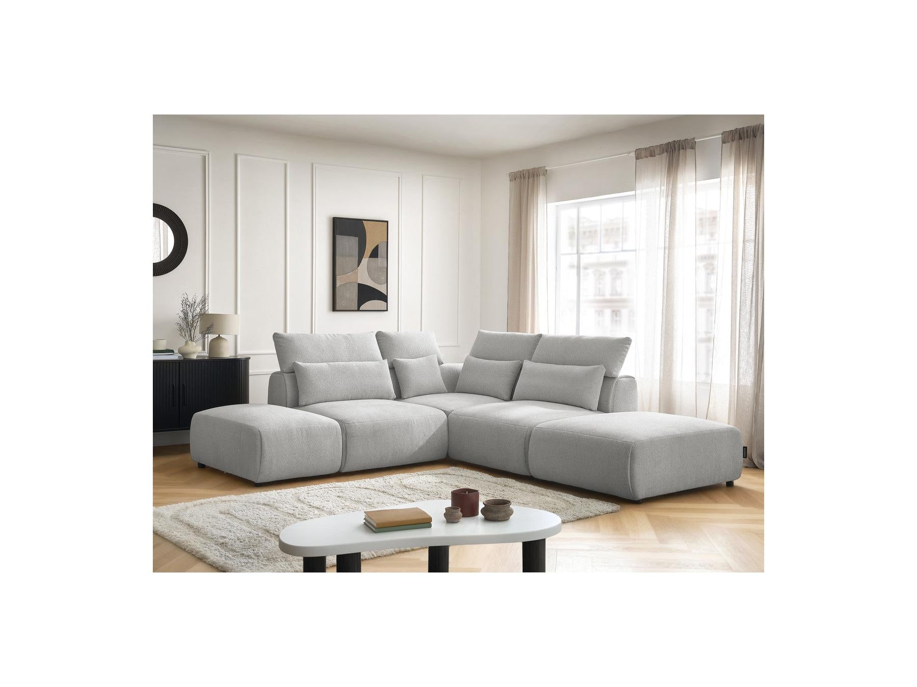 Jana - Canapé D'Angle Fixe Modulable Avec Têtières - Tissu Chiné Avec 2 Chauffeuses, 1 Angle Et 2 Poufs - Réversible