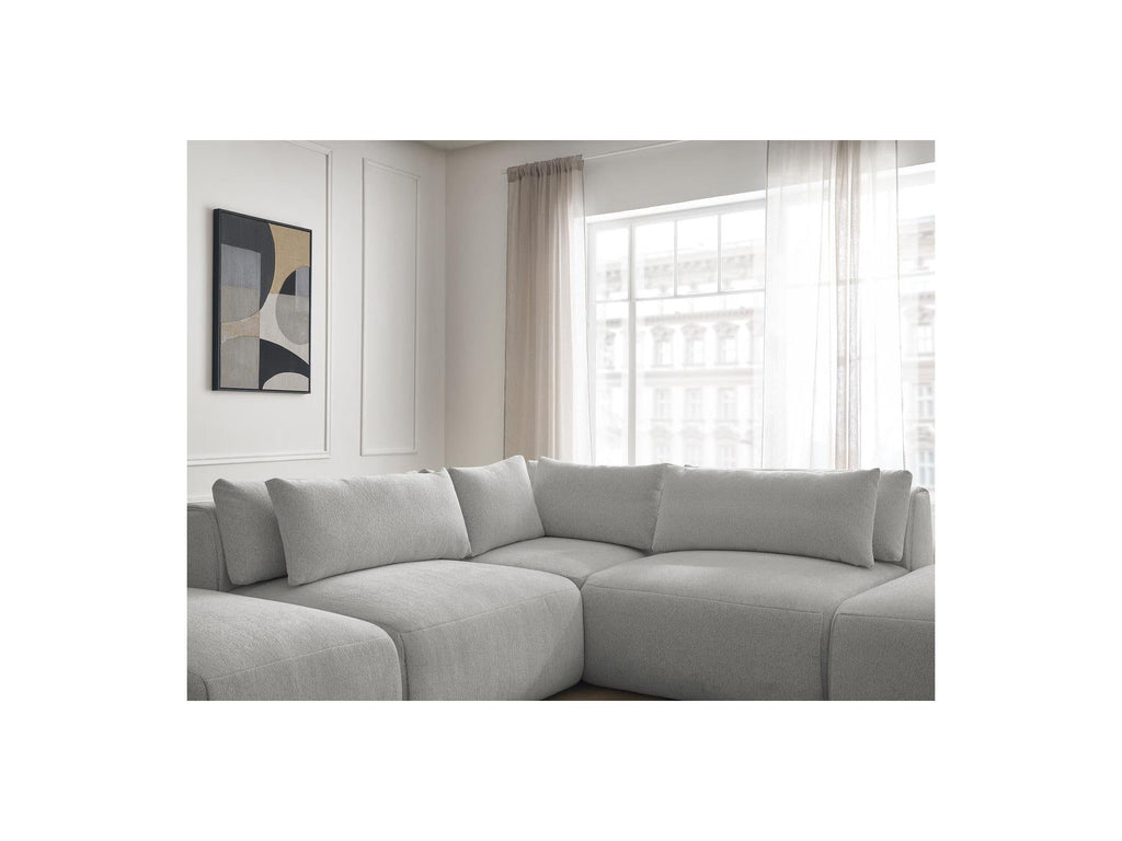 Jana - Canapé D'Angle Fixe Modulable Avec Têtières - Tissu Chiné Avec 2 Chauffeuses, 1 Angle Et 2 Poufs - Réversible