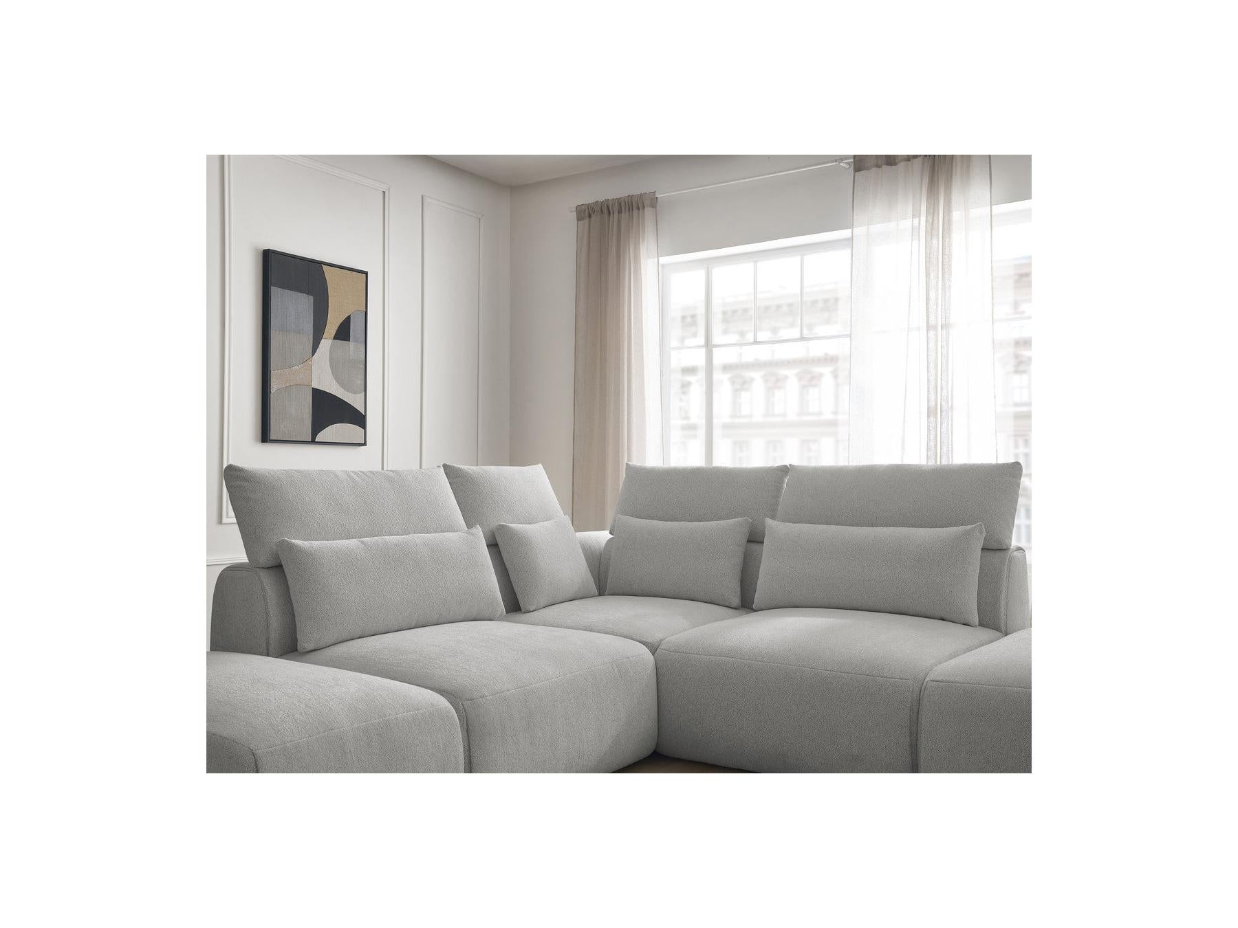 Jana - Canapé D'Angle Fixe Modulable Avec Têtières - Tissu Chiné Avec 2 Chauffeuses, 1 Angle Et 2 Poufs - Réversible