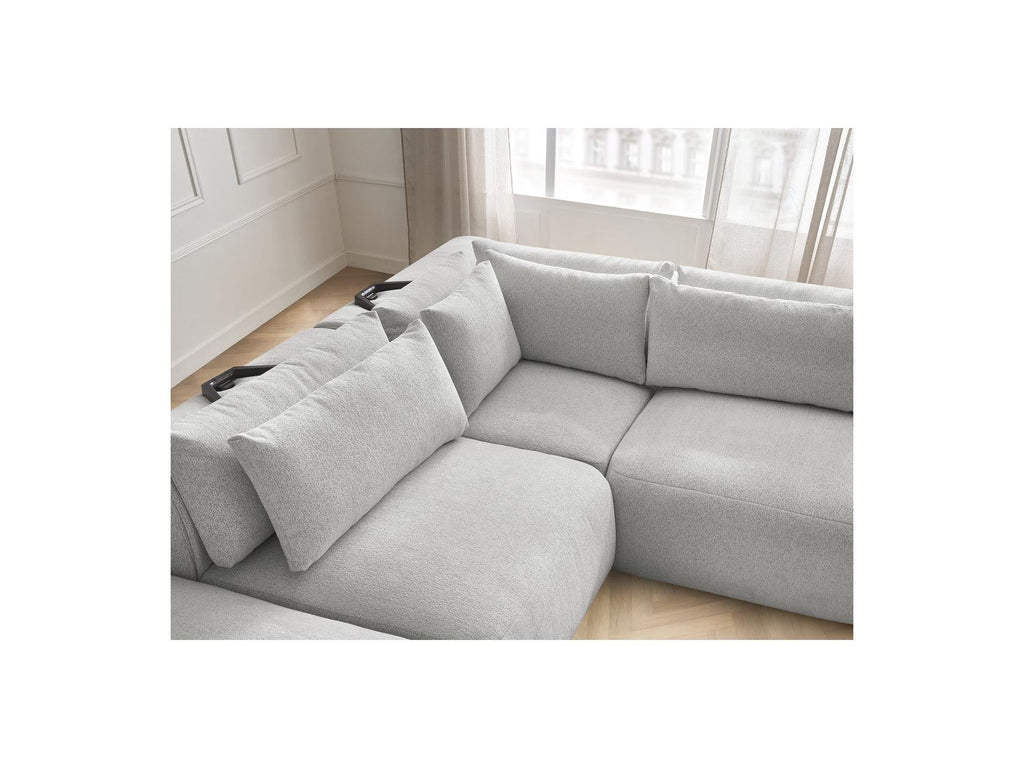 Jana - Canapé D'Angle Fixe Modulable Avec Têtières - Tissu Chiné Avec 2 Chauffeuses, 1 Angle Et 2 Poufs - Réversible