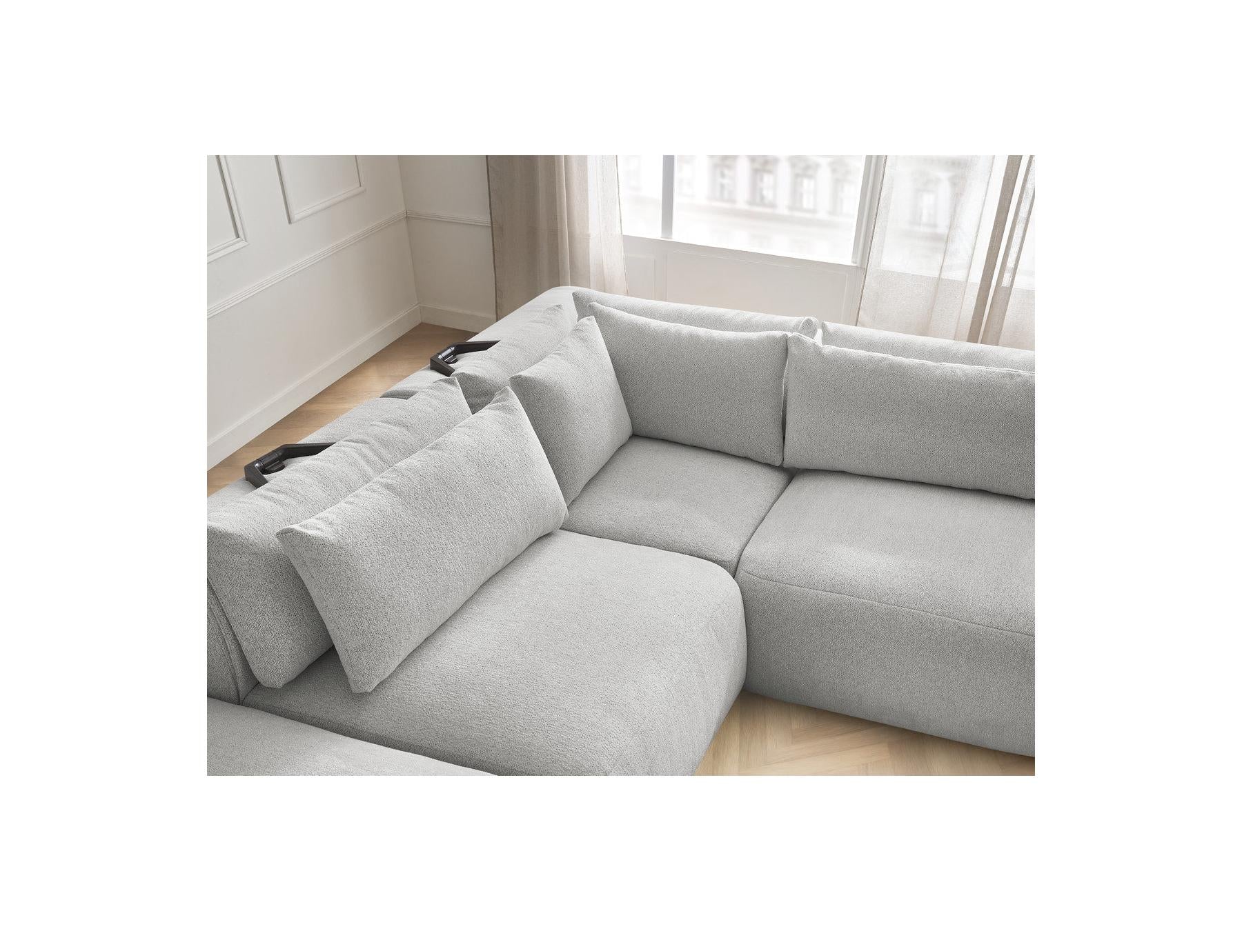 Jana - Canapé D'Angle Fixe Modulable Avec Têtières - Tissu Chiné Avec 2 Chauffeuses, 1 Angle Et 2 Poufs - Réversible