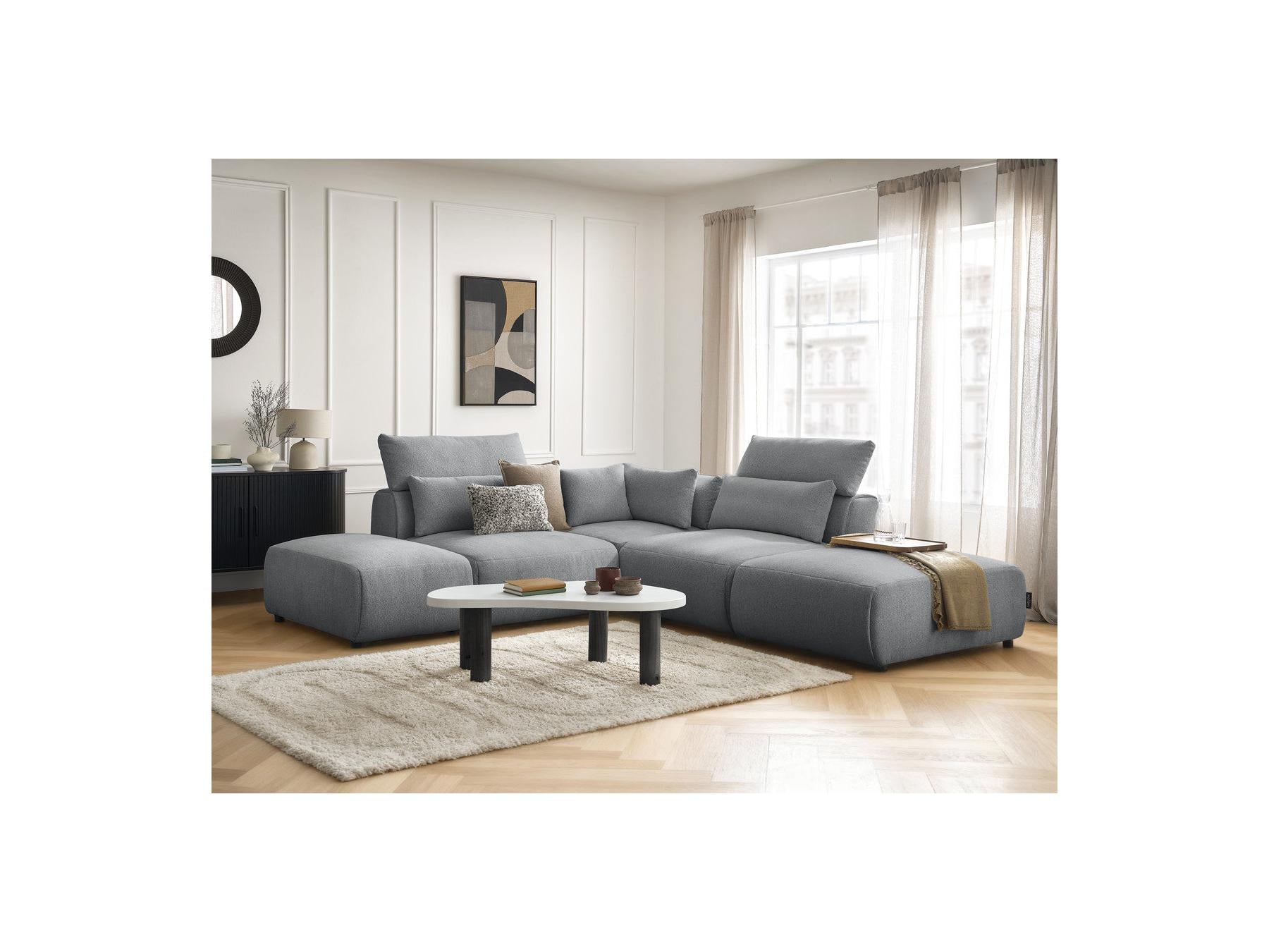 Jana - Canapé D'Angle Fixe Modulable Avec Têtières - Tissu Chiné Avec 2 Chauffeuses, 1 Angle Et 2 Poufs - Réversible