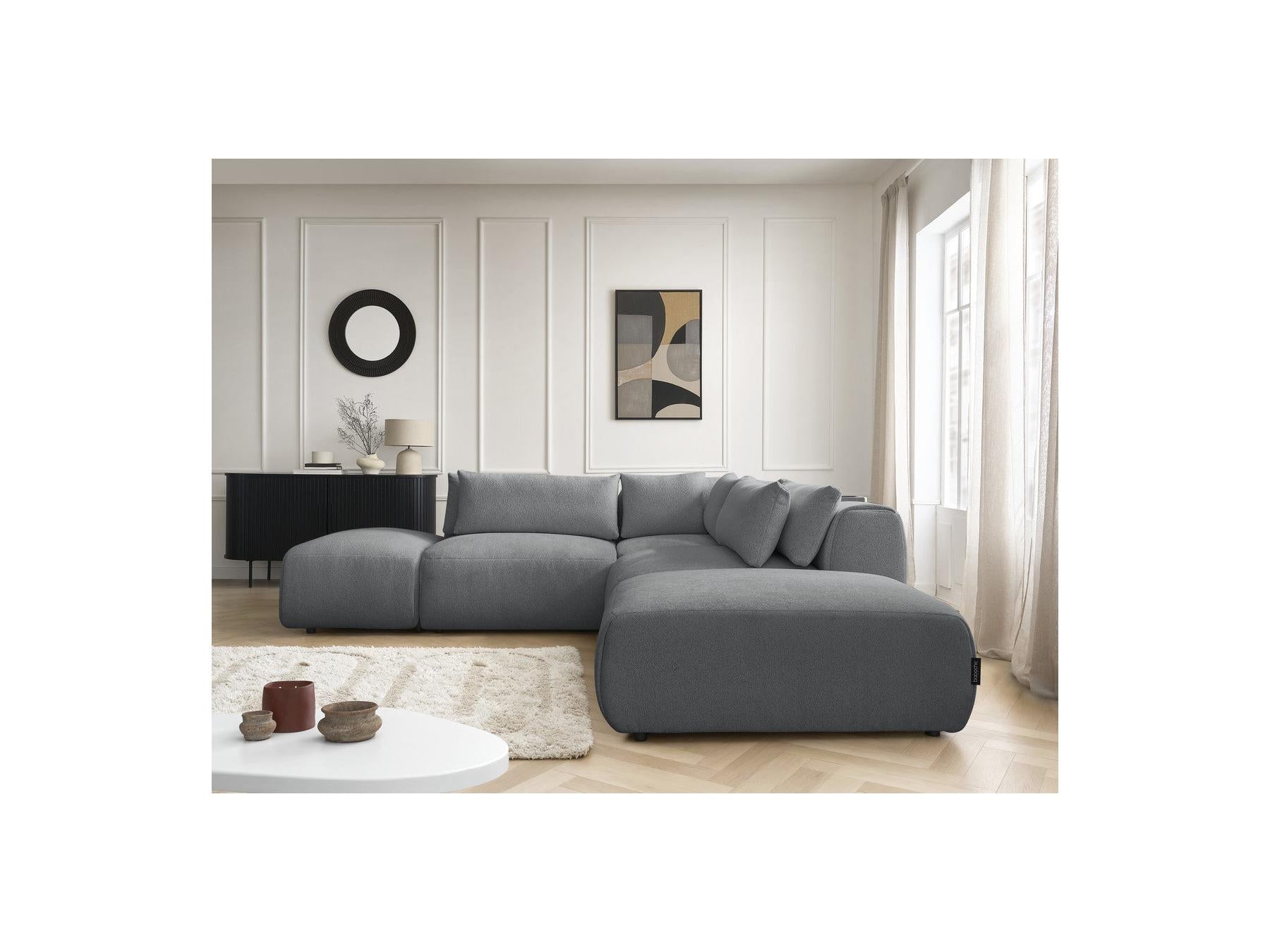 Jana - Canapé D'Angle Fixe Modulable Avec Têtières - Tissu Chiné Avec 2 Chauffeuses, 1 Angle Et 2 Poufs - Réversible