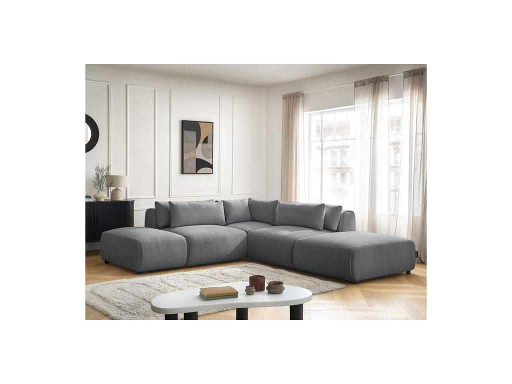 Jana - Canapé D'Angle Fixe Modulable Avec Têtières - Tissu Chiné Avec 2 Chauffeuses, 1 Angle Et 2 Poufs - Réversible