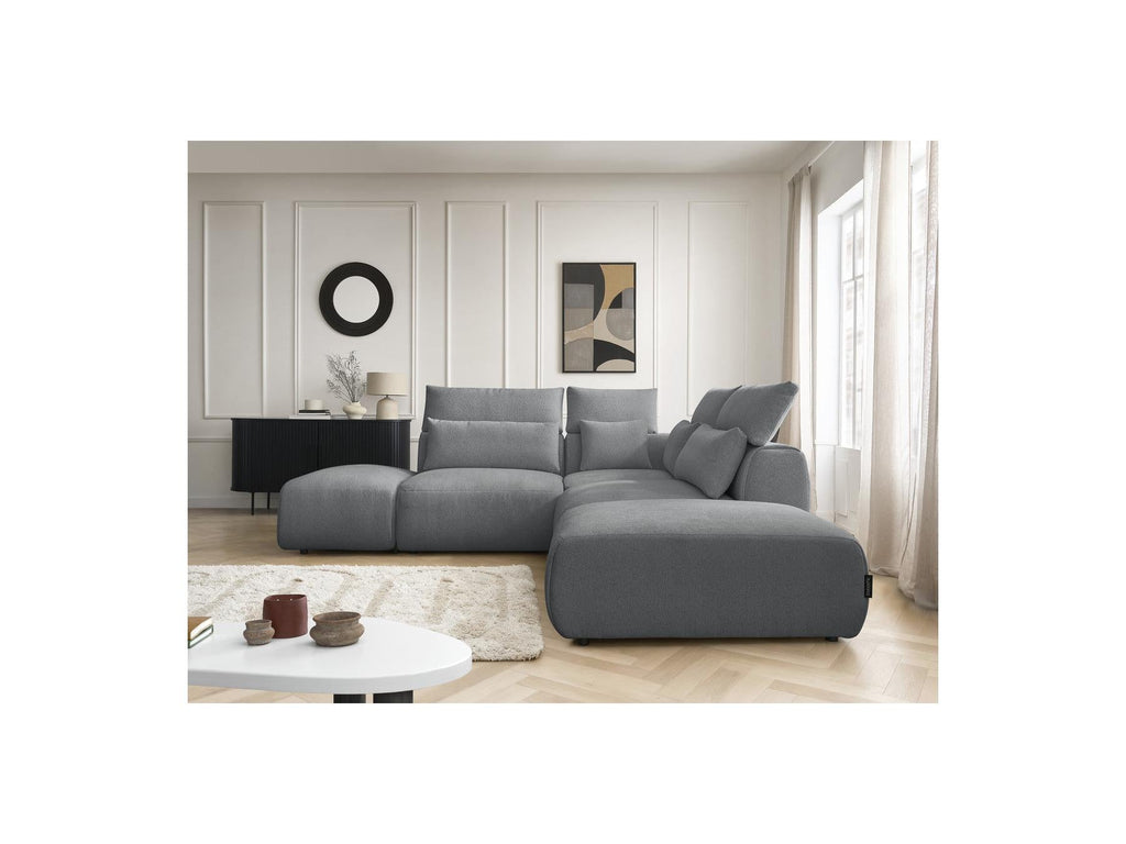 Jana - Canapé D'Angle Fixe Modulable Avec Têtières - Tissu Chiné Avec 2 Chauffeuses, 1 Angle Et 2 Poufs - Réversible