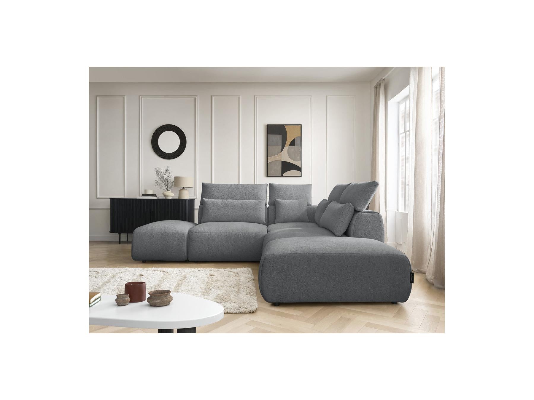 Jana - Canapé D'Angle Fixe Modulable Avec Têtières - Tissu Chiné Avec 2 Chauffeuses, 1 Angle Et 2 Poufs - Réversible