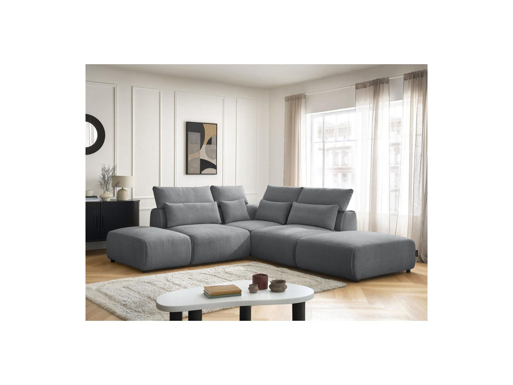 Jana - Canapé D'Angle Fixe Modulable Avec Têtières - Tissu Chiné Avec 2 Chauffeuses, 1 Angle Et 2 Poufs - Réversible