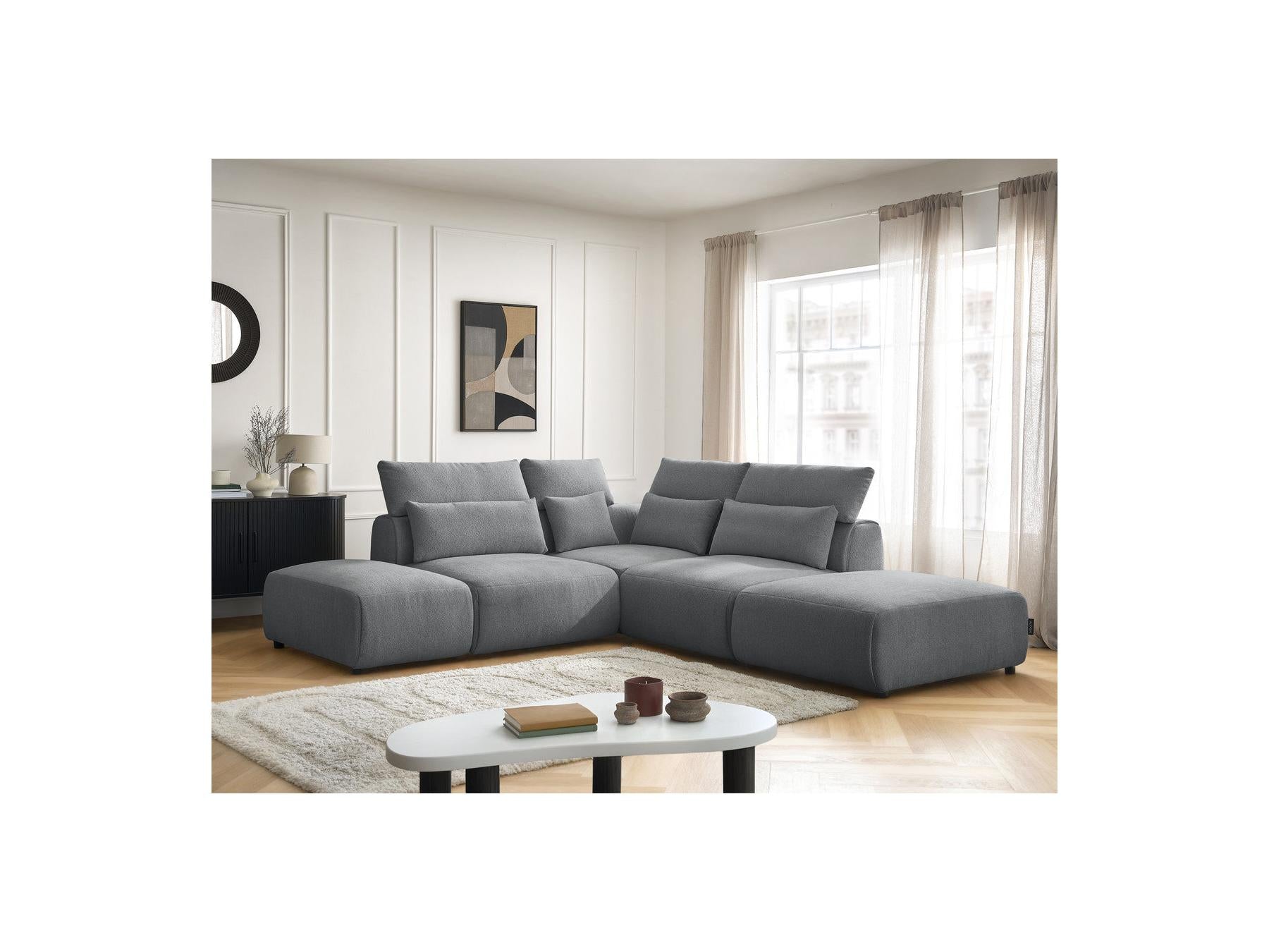 Jana - Canapé D'Angle Fixe Modulable Avec Têtières - Tissu Chiné Avec 2 Chauffeuses, 1 Angle Et 2 Poufs - Réversible