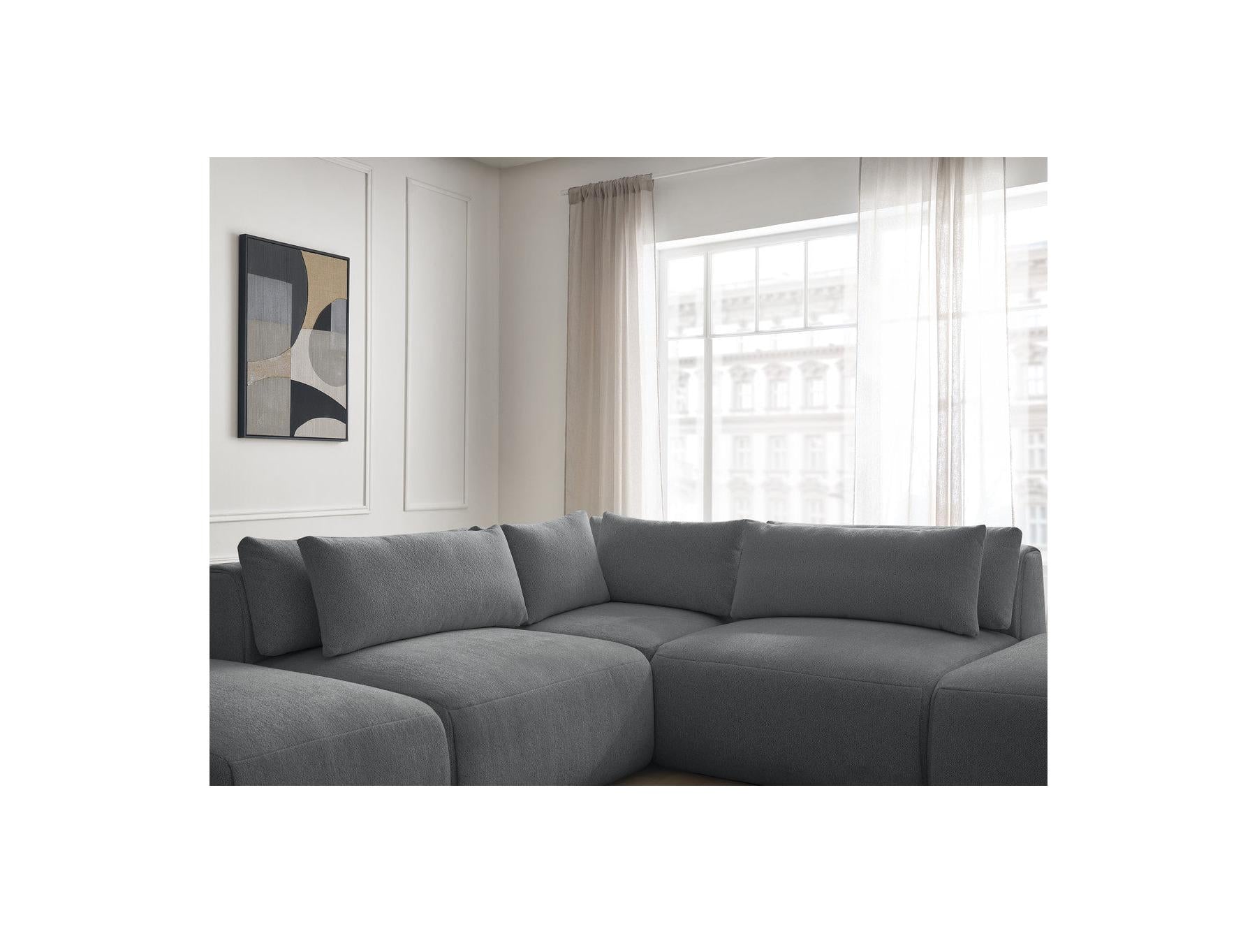 Jana - Canapé D'Angle Fixe Modulable Avec Têtières - Tissu Chiné Avec 2 Chauffeuses, 1 Angle Et 2 Poufs - Réversible