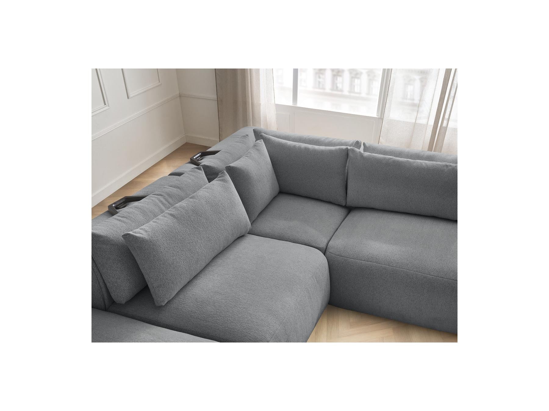 Jana - Canapé D'Angle Fixe Modulable Avec Têtières - Tissu Chiné Avec 2 Chauffeuses, 1 Angle Et 2 Poufs - Réversible