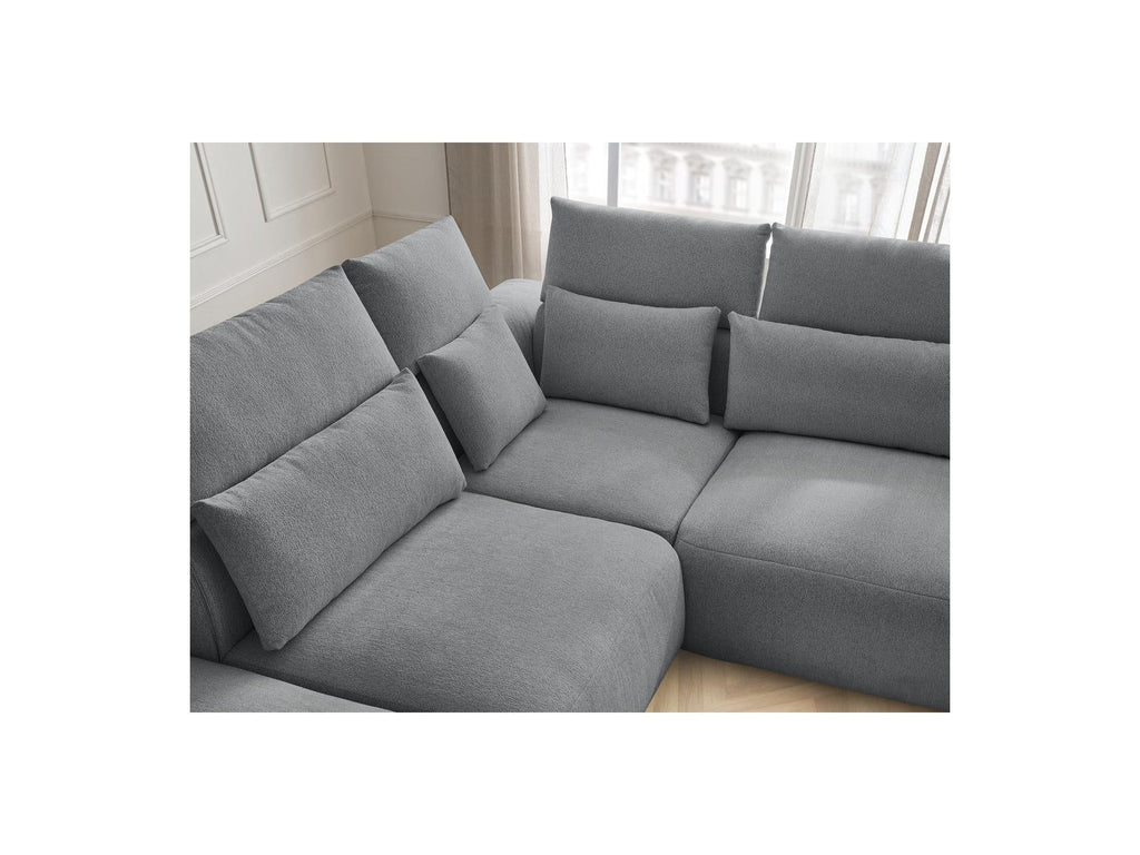 Jana - Canapé D'Angle Fixe Modulable Avec Têtières - Tissu Chiné Avec 2 Chauffeuses, 1 Angle Et 2 Poufs - Réversible