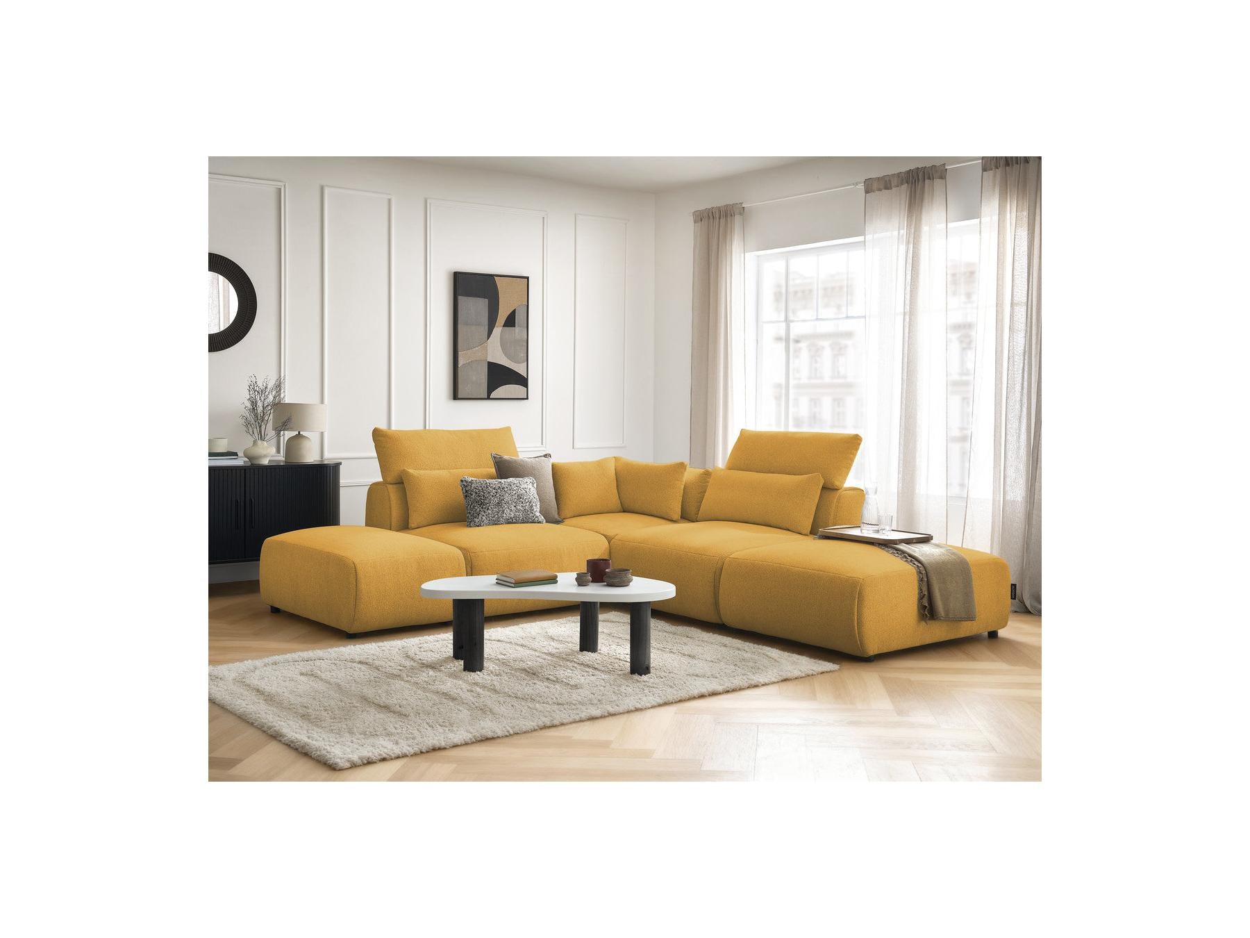 Jana - Canapé D'Angle Fixe Modulable Avec Têtières - Tissu Chiné Avec 2 Chauffeuses, 1 Angle Et 2 Poufs - Réversible
