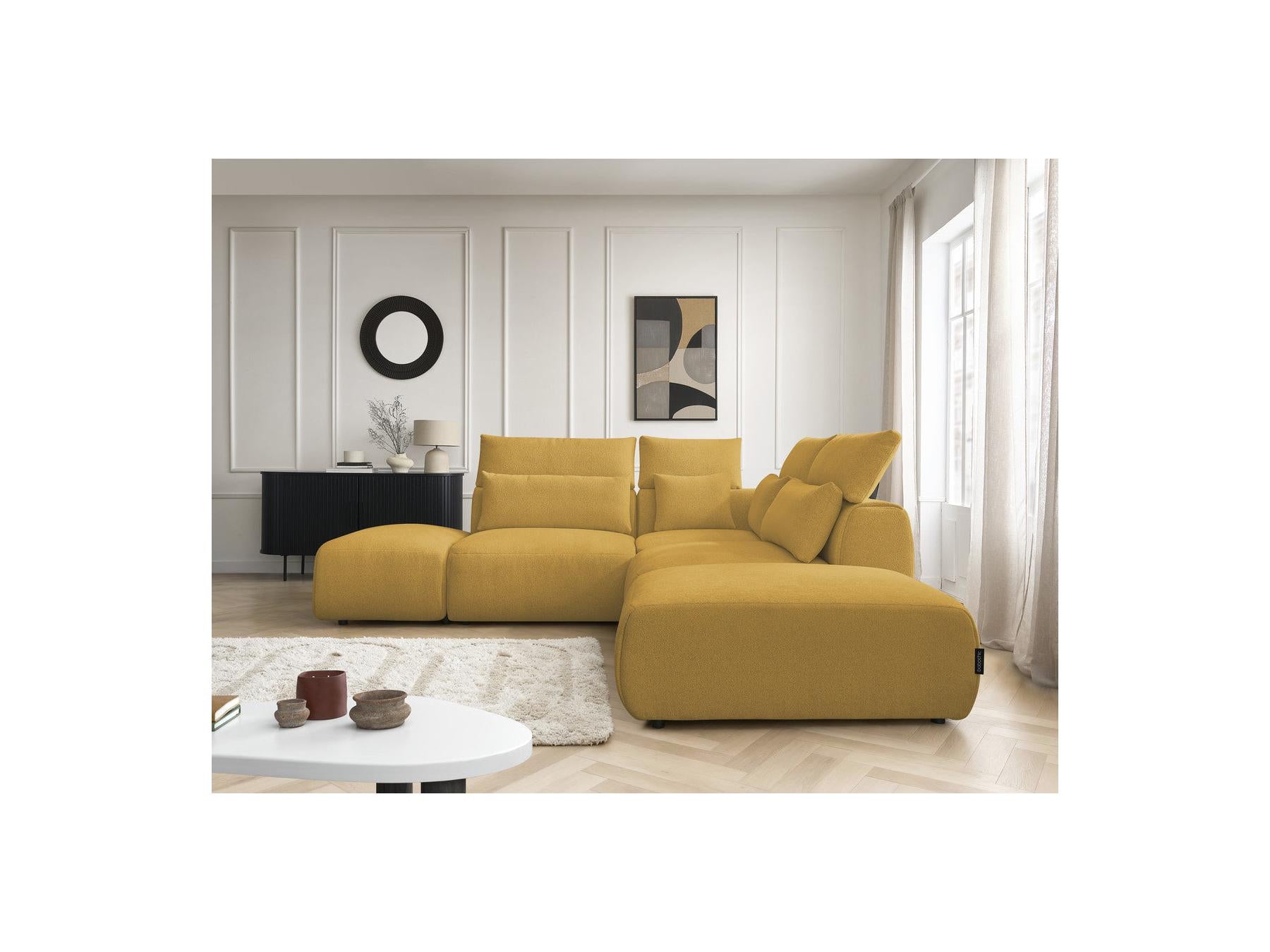 Jana - Canapé D'Angle Fixe Modulable Avec Têtières - Tissu Chiné Avec 2 Chauffeuses, 1 Angle Et 2 Poufs - Réversible
