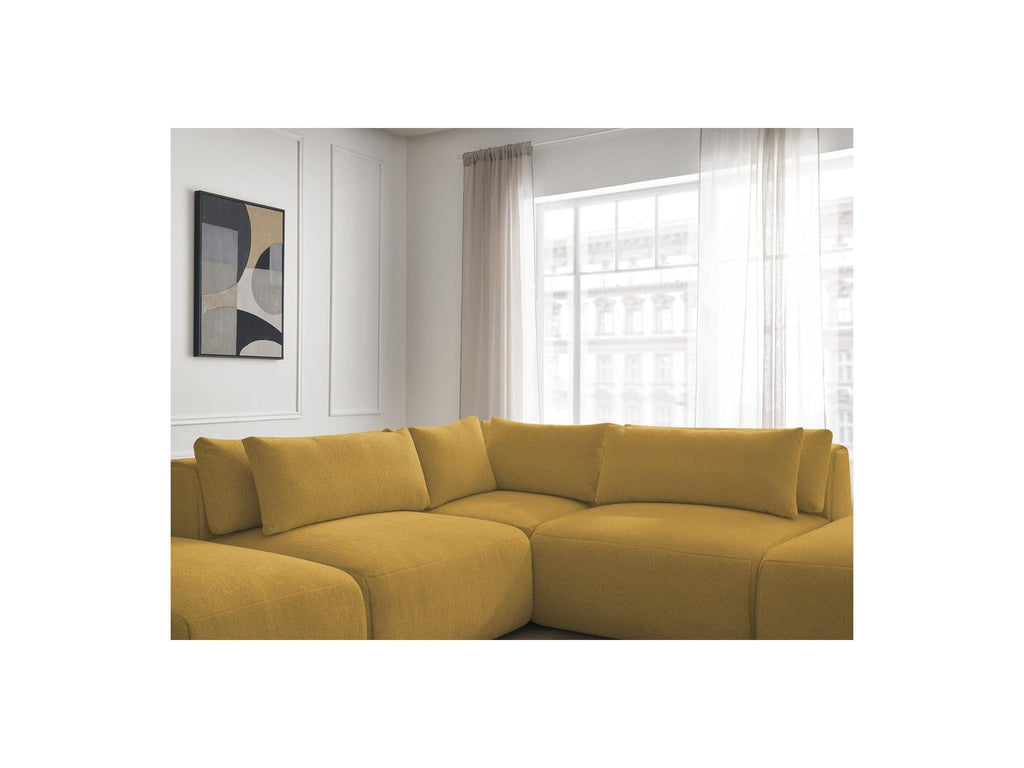 Jana - Canapé D'Angle Fixe Modulable Avec Têtières - Tissu Chiné Avec 2 Chauffeuses, 1 Angle Et 2 Poufs - Réversible