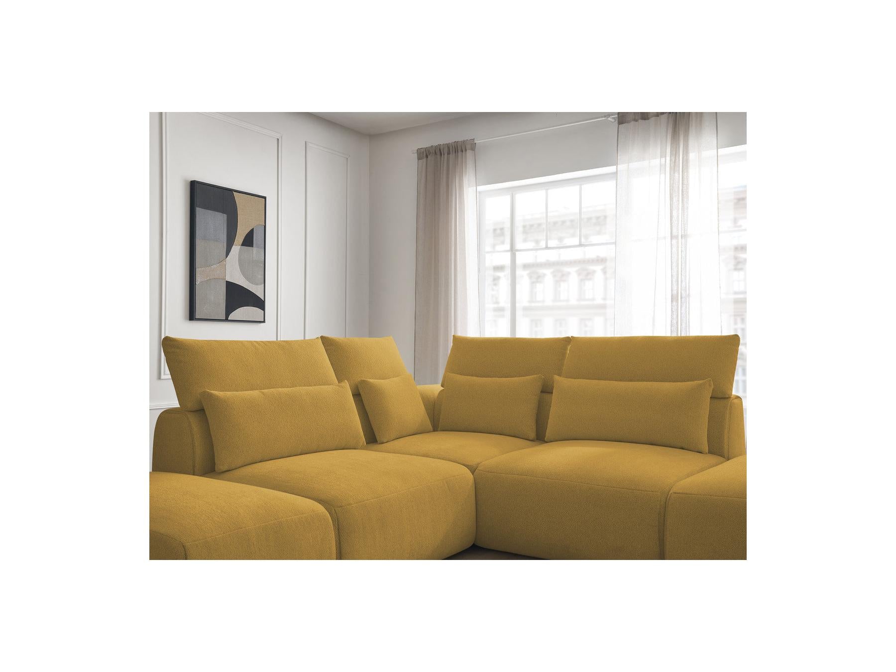 Jana - Canapé D'Angle Fixe Modulable Avec Têtières - Tissu Chiné Avec 2 Chauffeuses, 1 Angle Et 2 Poufs - Réversible
