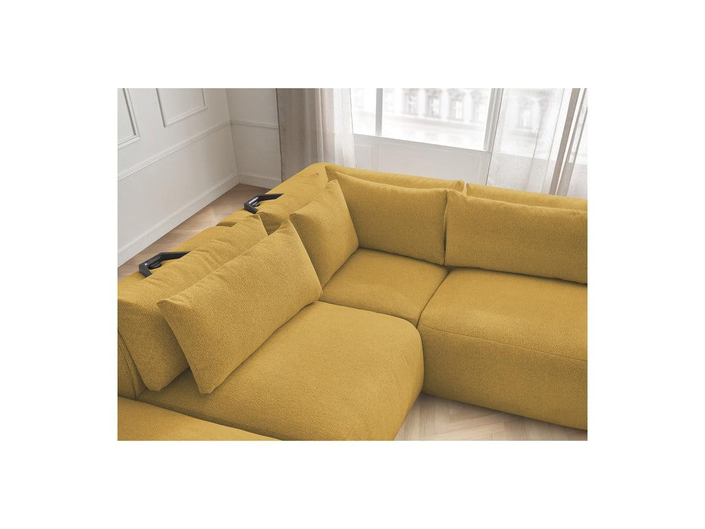 Jana - Canapé D'Angle Fixe Modulable Avec Têtières - Tissu Chiné Avec 2 Chauffeuses, 1 Angle Et 2 Poufs - Réversible
